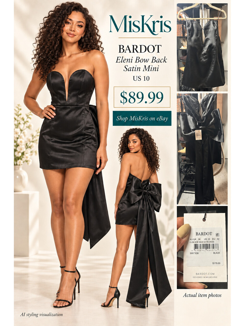 Bardot Eleni Bow Back Satin Mini Dress Black US 10 Strapless Plunge Cocktail